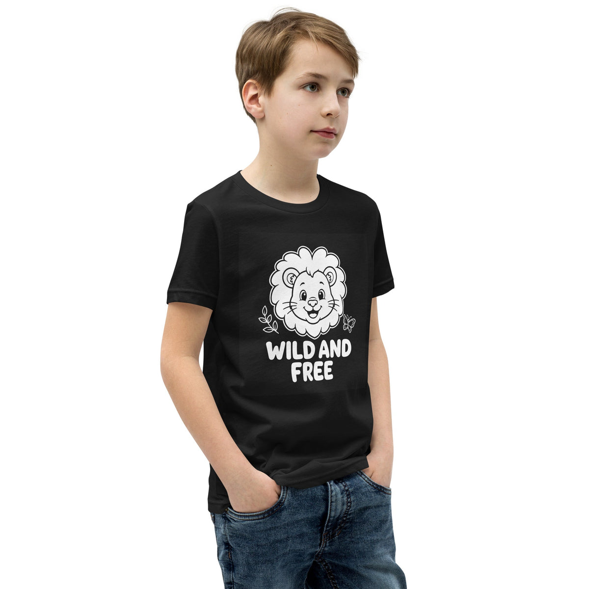 Wild and Free Kids T-shirt in black cotton, featuring a white cartoon lion and bold “Wild and Free” lettering.