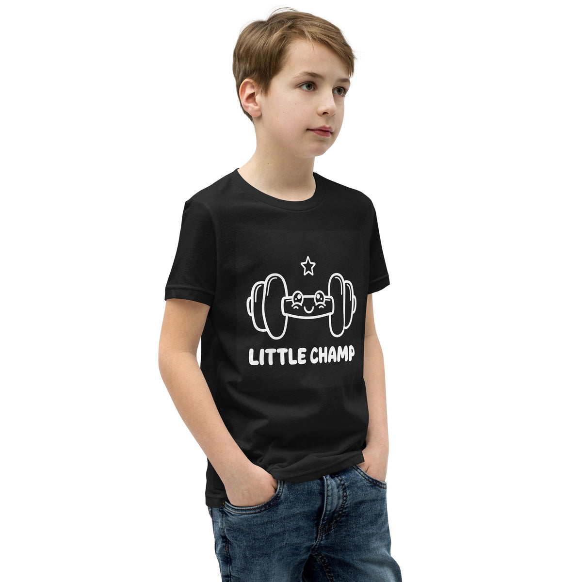 Little Champ Kids T-Shirt in black cotton, featuring a white cartoon barbell, star, and “LITTLE CHAMP” lettering.