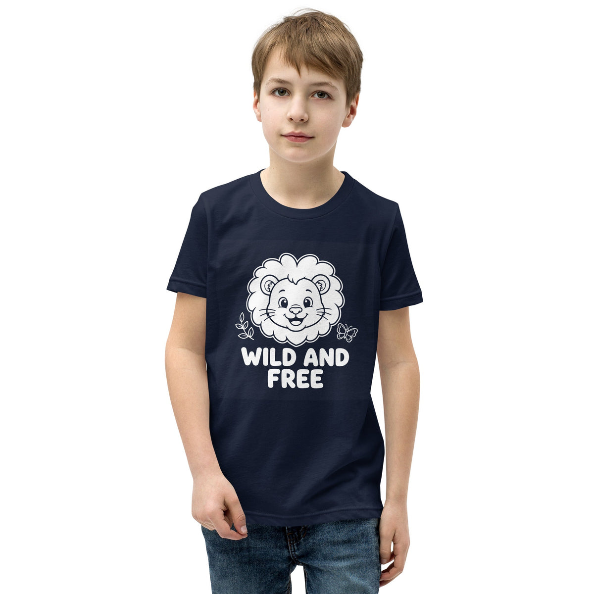 Wild and Free Kids T-shirt in navy cotton, featuring a white cartoon lion and bold “WILD AND FREE” lettering.