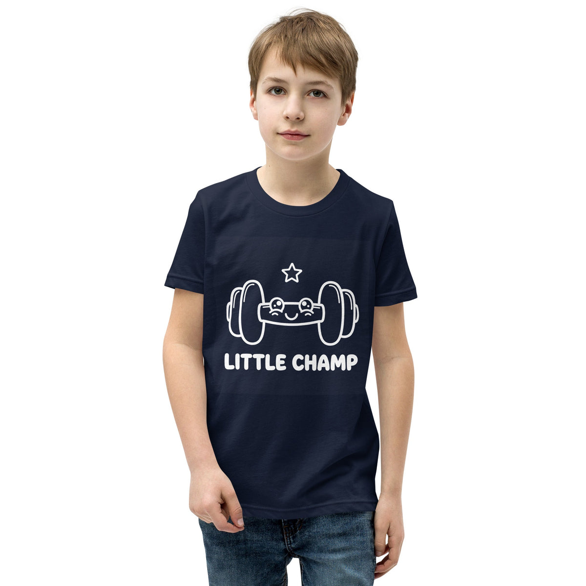 Little Champ Kids T-Shirt in navy cotton, featuring a white outlined weightlifting design, star, and bold lettering.