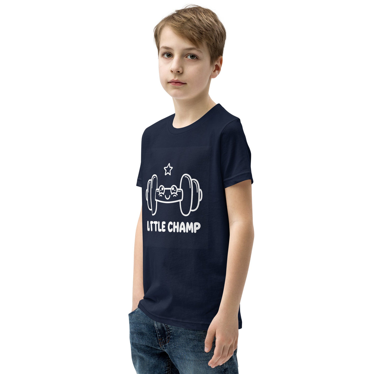 Little Champ Kids T-Shirt in navy cotton, featuring a white outlined weightlifting design, star, and bold lettering.