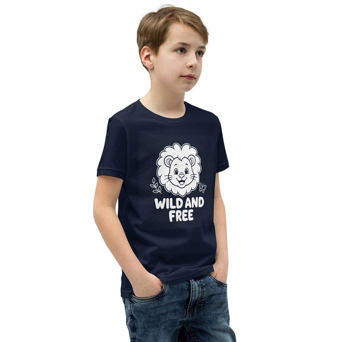 Kids' T-shirt in navy cotton with a white cartoon lion and “Wild and Free” lettering, Wild and Free Kids design.