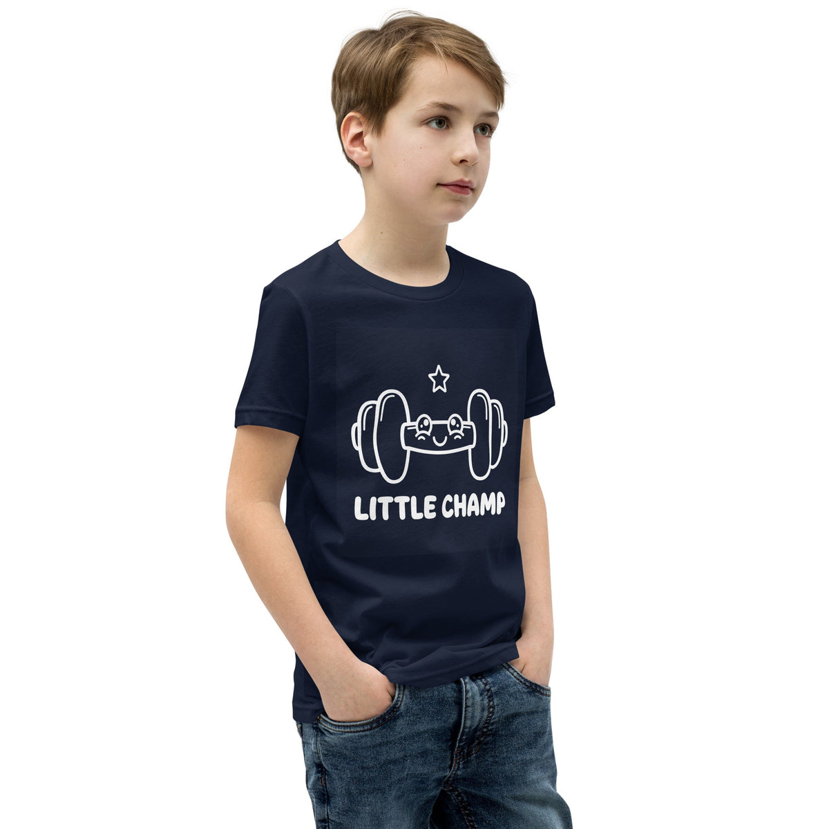 Little Champ Kids T-Shirt in navy cotton, featuring a white cartoon weightlifting frog, star, and “LITTLE CHAMP” graphic.