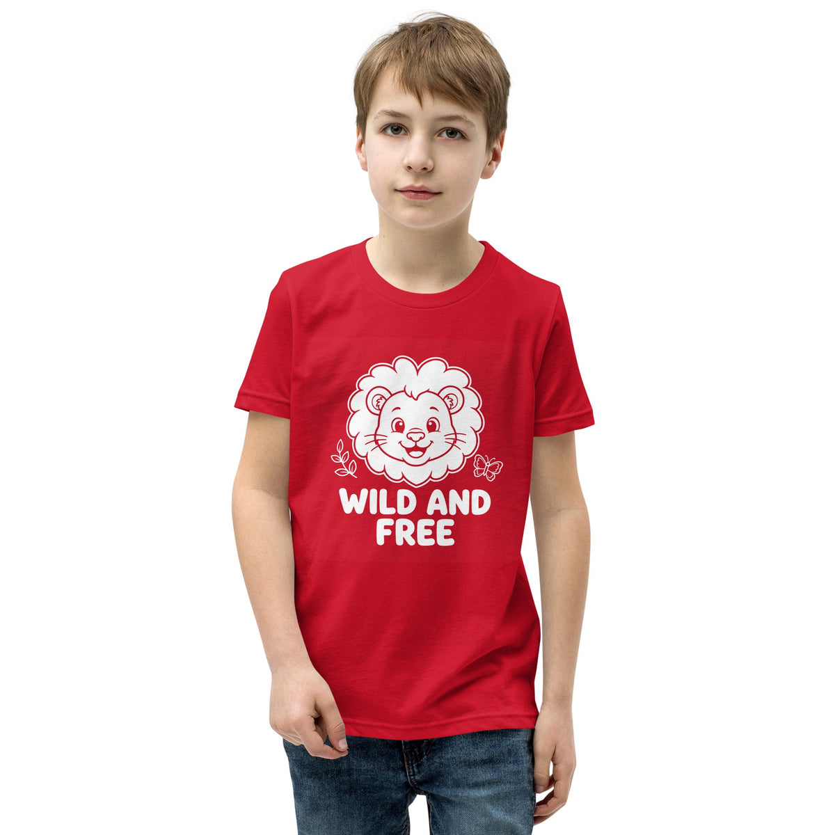 Kids T-shirt in red cotton, featuring a white line-drawn lion and “Wild and Free” lettering; Wild and Free Kids style.