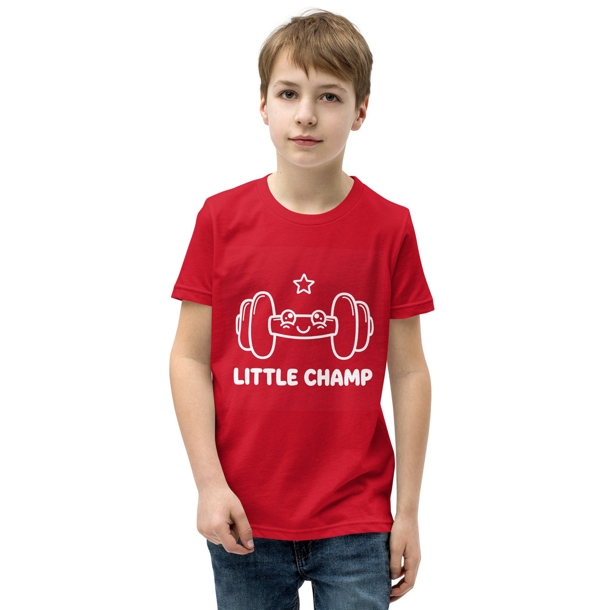 Little Champ Kids T-Shirt in red cotton, featuring a white weightlifting barbell graphic, star, and “LITTLE CHAMP” lettering.