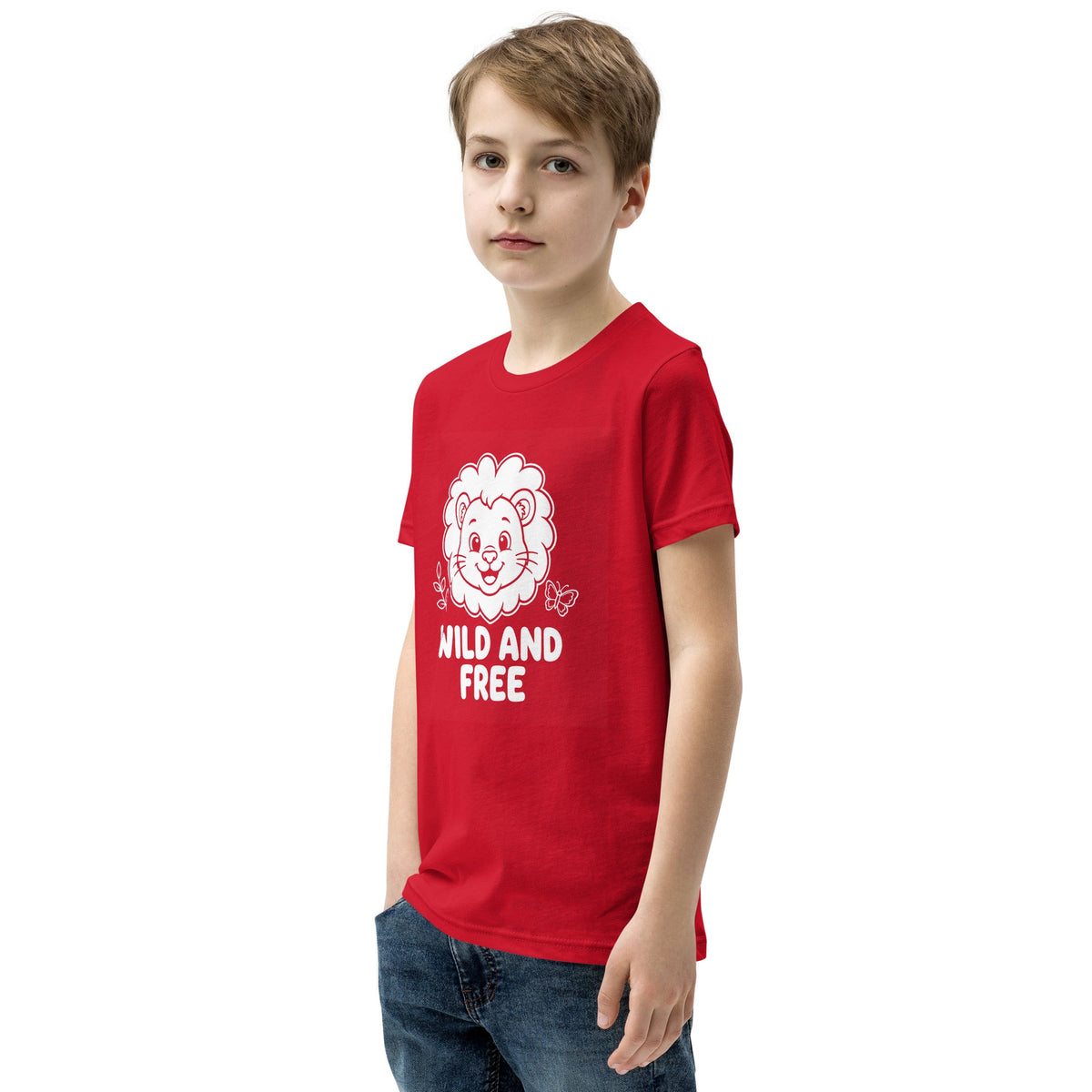 Wild and Free Kids T-shirt in bright red cotton, featuring a white outlined lion graphic and “WILD AND FREE” lettering.