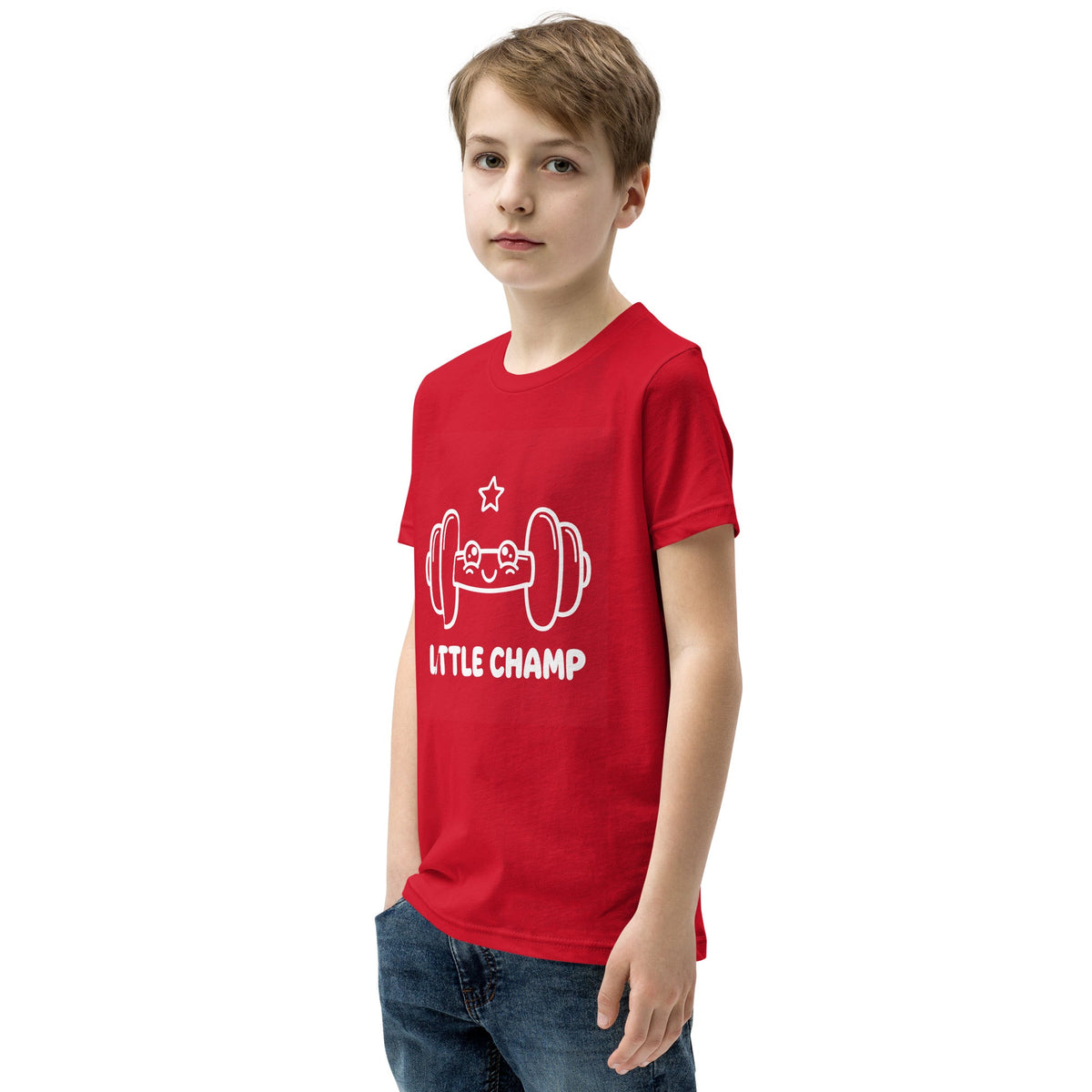 Little Champ Kids T-Shirt in bright red cotton, featuring a white outlined barbell graphic, star, and bold “LITTLE CHAMP” text.