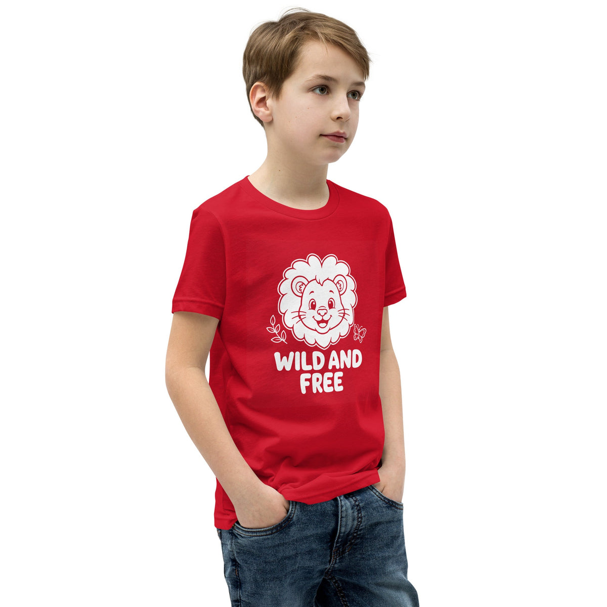 Wild and Free Kids red cotton T-shirt with a white outlined lion graphic and bold “WILD AND FREE” lettering.