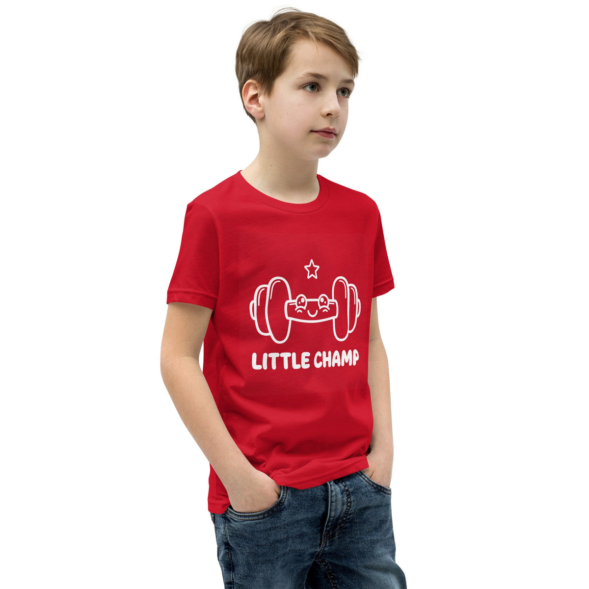 Little Champ Kids T-Shirt in bright red cotton, featuring a white cartoon weightlifting design and “LITTLE CHAMP” text.